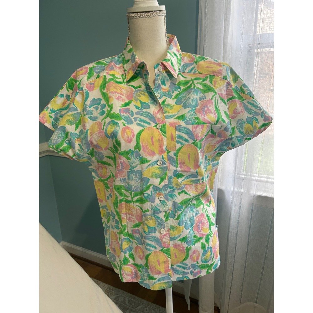 Pierre Cardin Vintage Floral Cotton Button Down Shirt Pastel‎ Tulip Print Medium